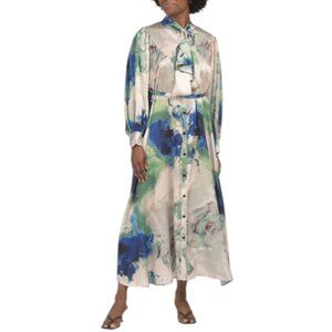 DALIA MACPHEE Long Sleeve Marble Printed Tie Neck Maxi Dress